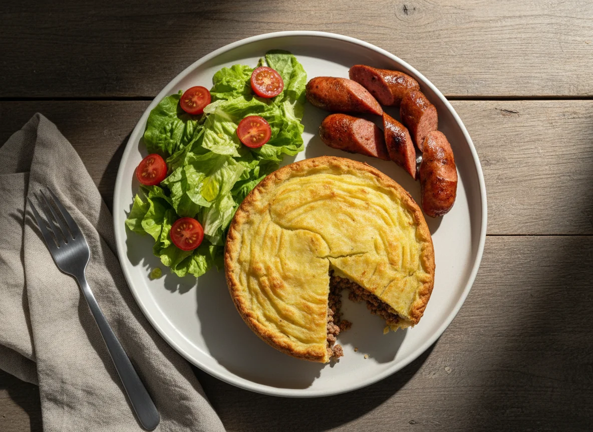 Salada com salsicha e torta salgada photo