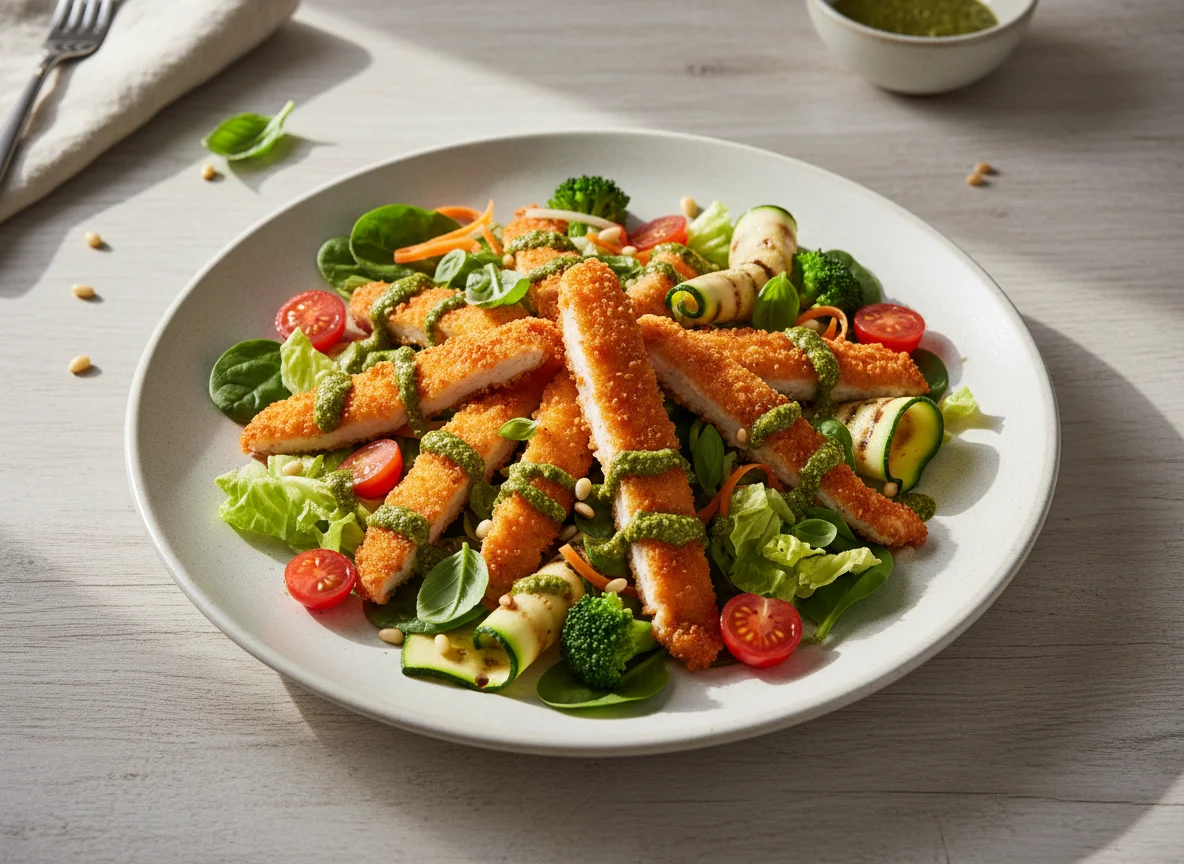 Salada com Tiras de Frango Empanado e Molho Pesto photo