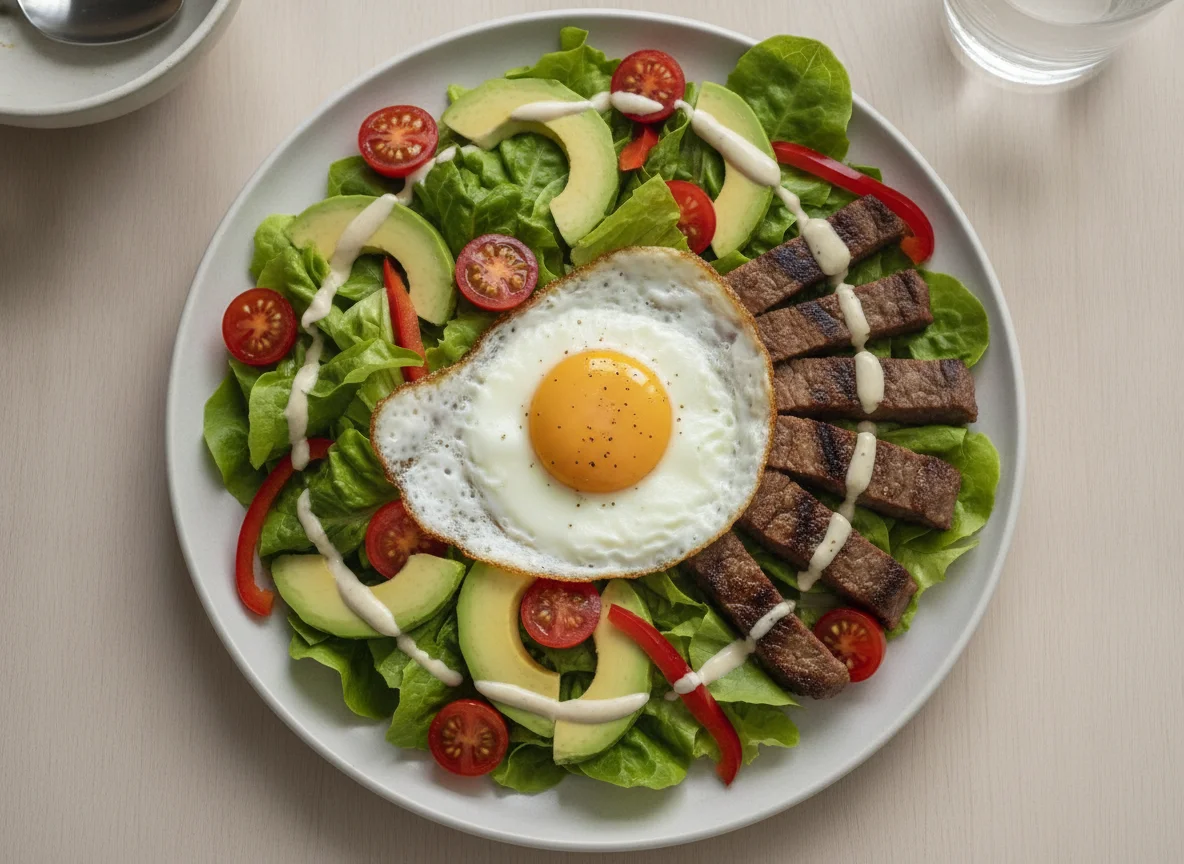 Salada de Abacate com Ovo Estrelado e Carne photo