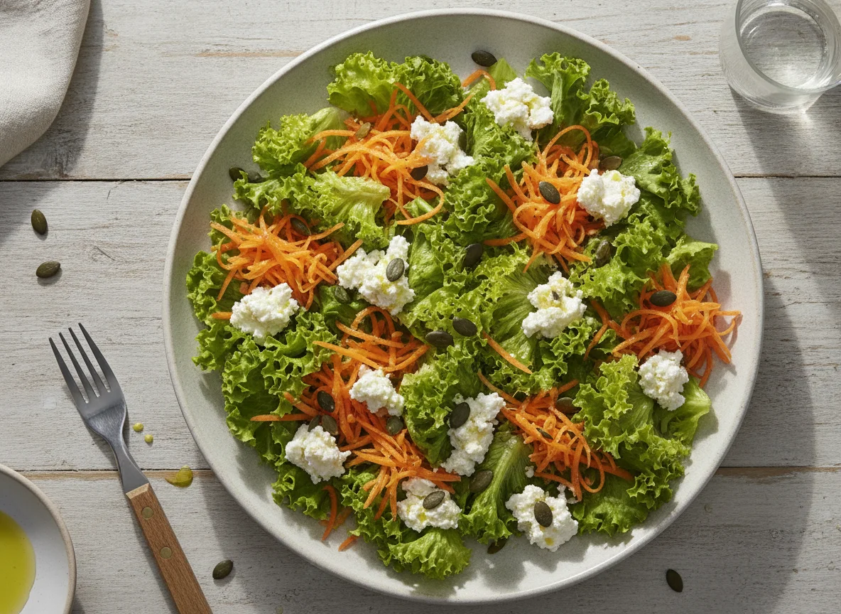 Salada de Alface com Cenoura, Queijo Cottage e Sementes de Abóbora photo