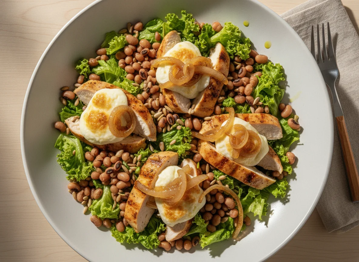 Salada de alface com feijão fradinho e frango acebolado photo