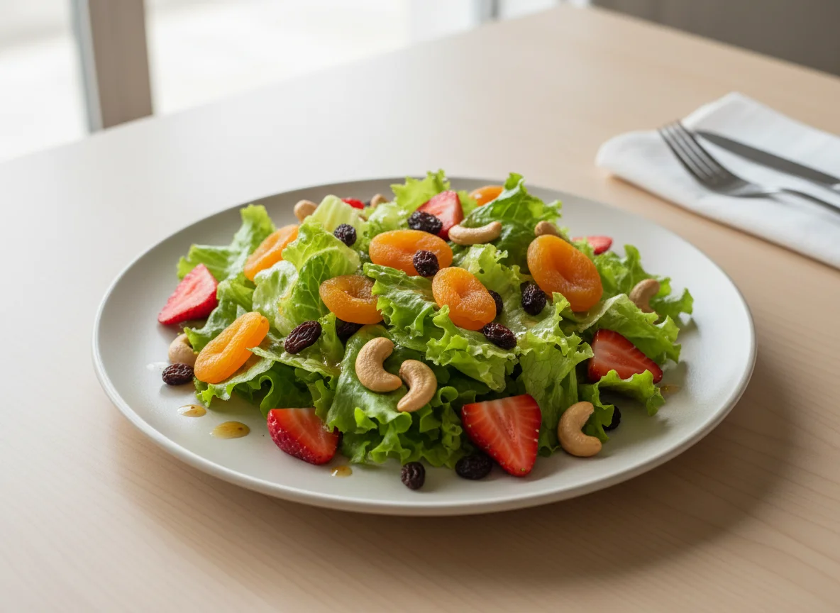 Salada de alface com frutas e castanhas photo