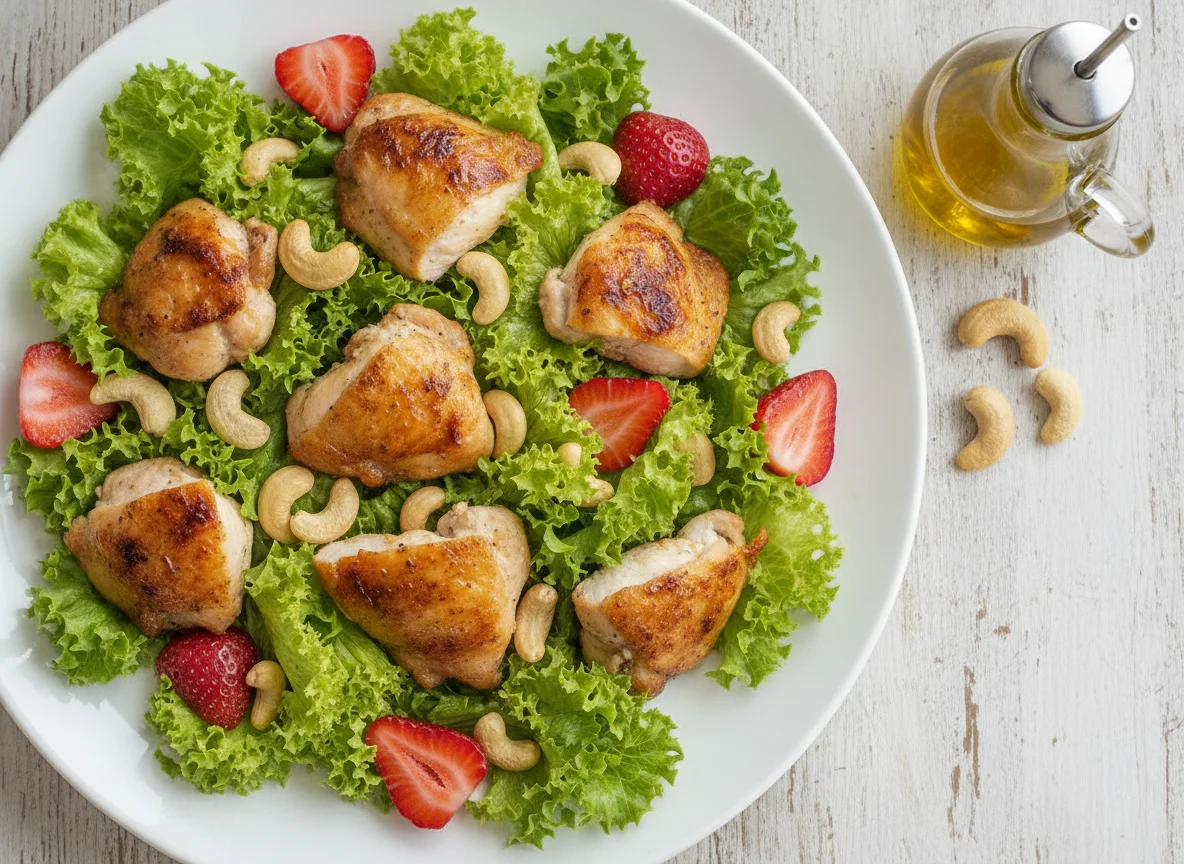 Salada de alface com morangos e frango assado photo