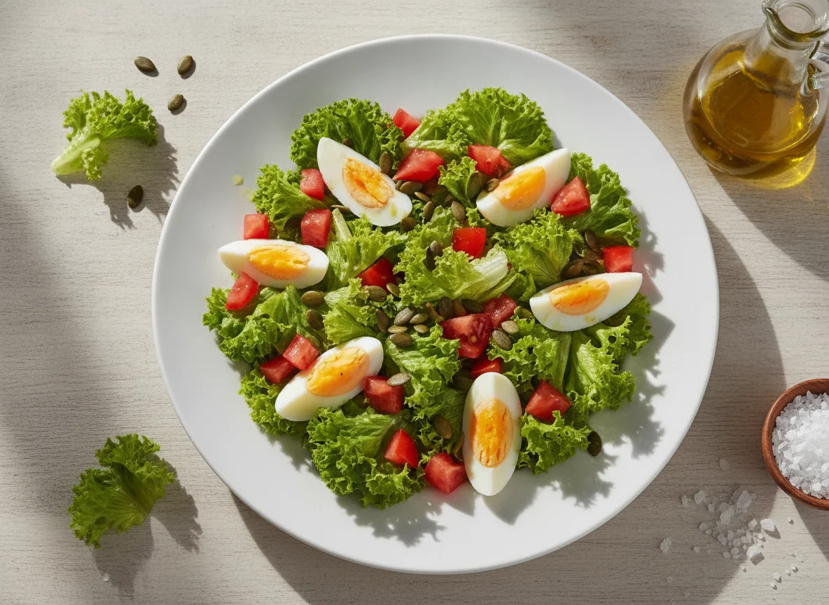Salada de Alface com Ovo Cozido, Tomate e Sementes photo