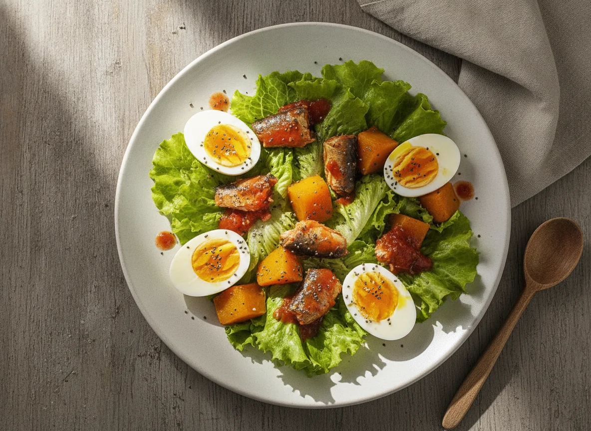 Salada de alface com ovos cozidos, sardinha e abóbora photo