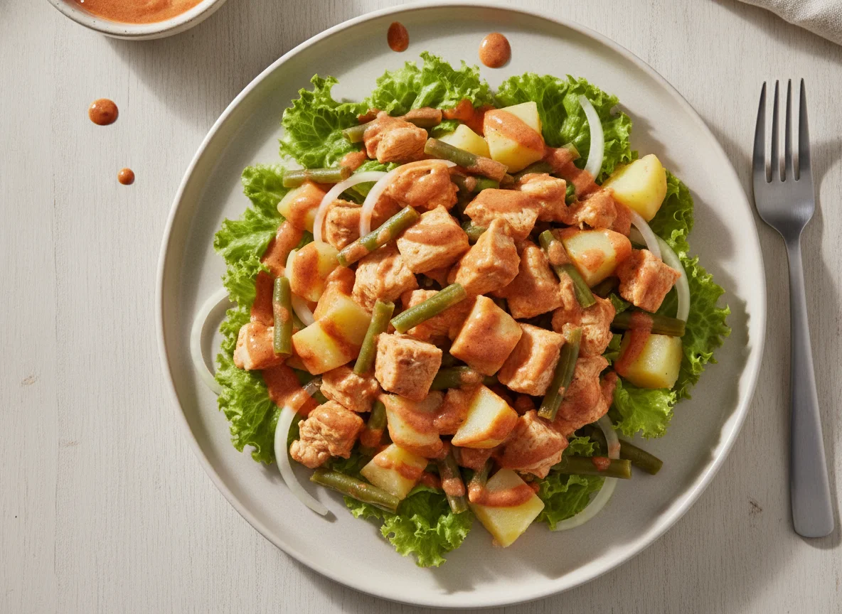 Salada de Alface com Picadinho de Frango, Batata e Vagem photo