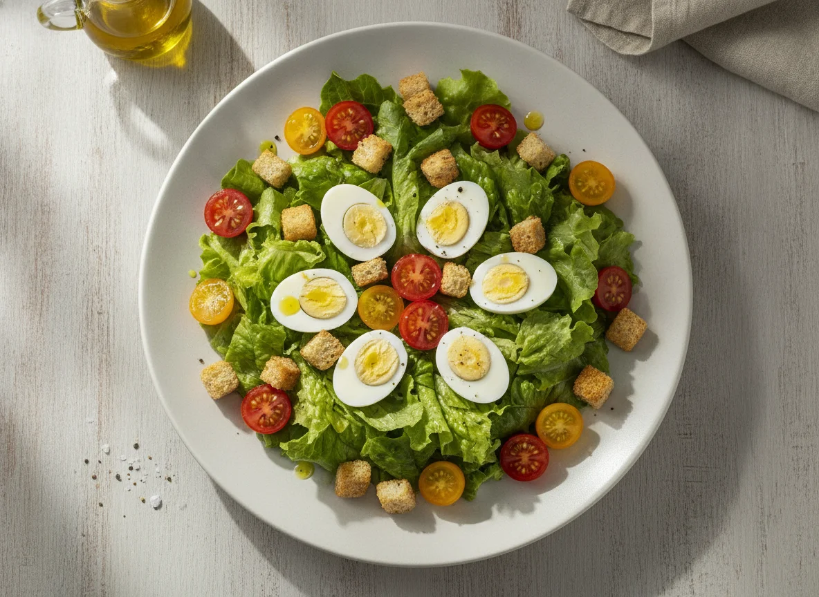 Salada de Alface com Tomate Cereja, Croutons e Ovo de Codorna photo