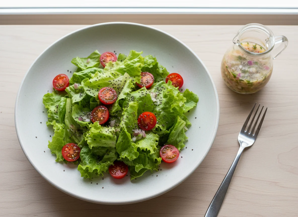 Salada de alface com tomate cereja e chia photo