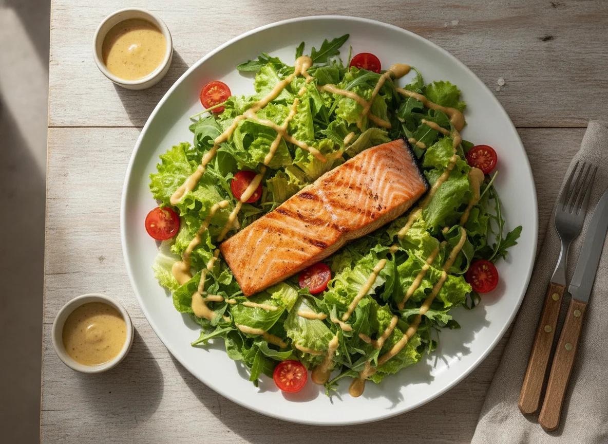 Salada de alface com tomate cereja e rúcula e salmão grelhado photo