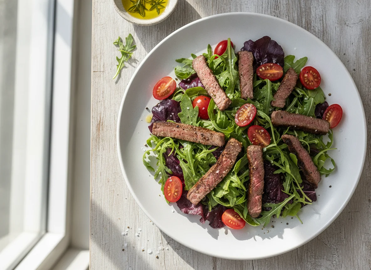 Salada de Alface Roxa com Rúcula e Tiras de Carne photo