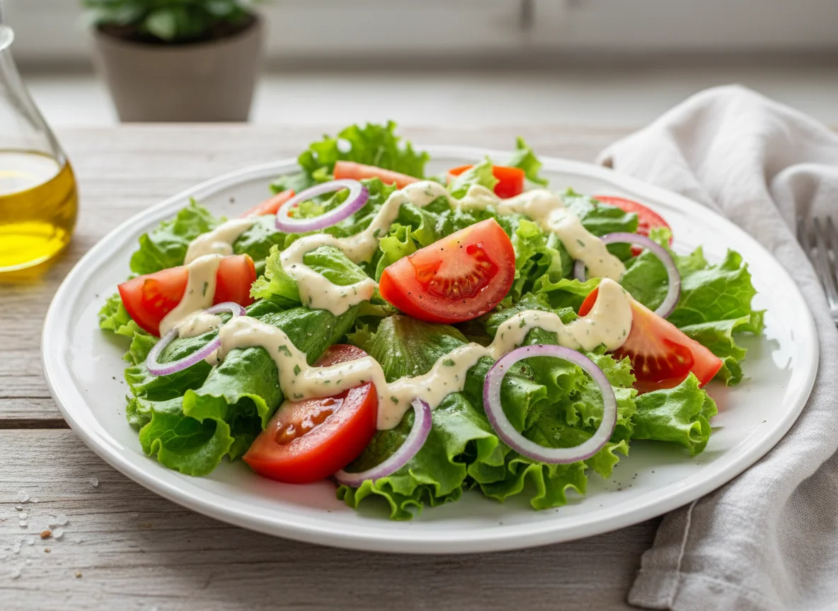 Salada de alface, tomate e cebola com molho photo