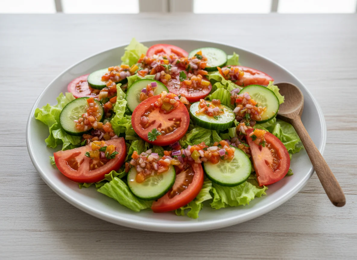 Salada de alface, tomate e pepino com molho photo