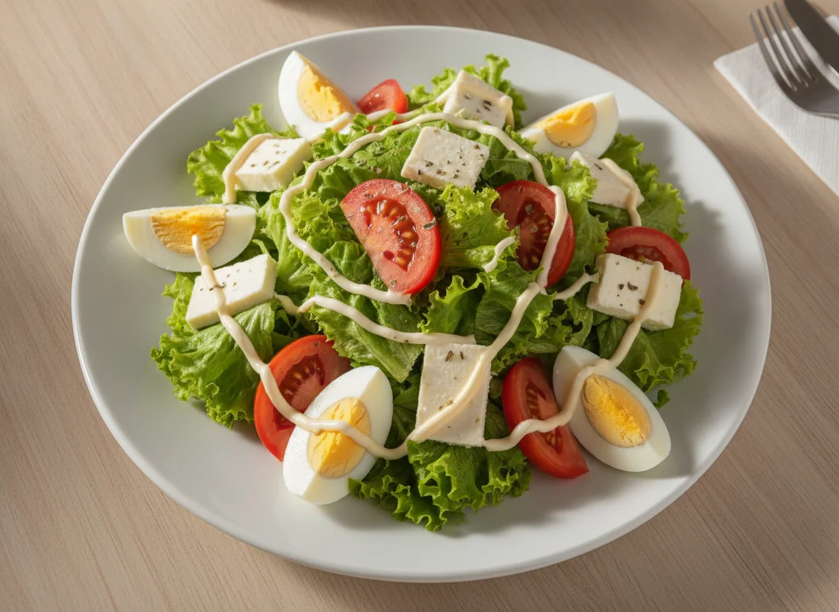Salada de Alface, Tomate, Ovo e Queijo Branco photo