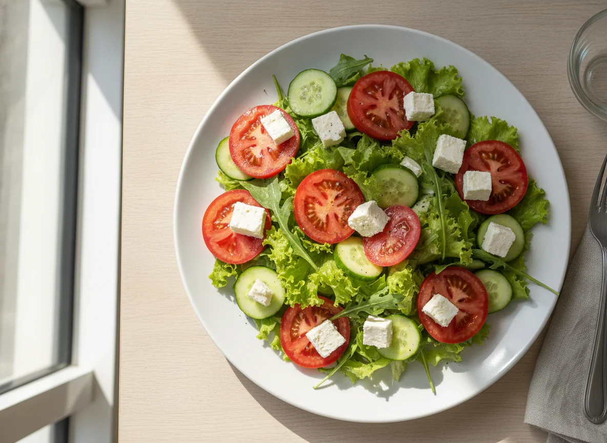 Salada de Alface, Tomate, Pepino e Queijo Branco photo