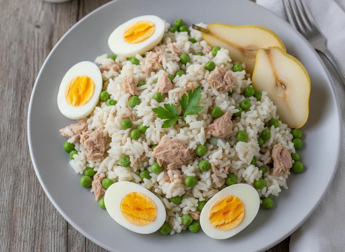Salada de Arroz com Atum, Ovo e Ervilhas acompanhada de Pera photo