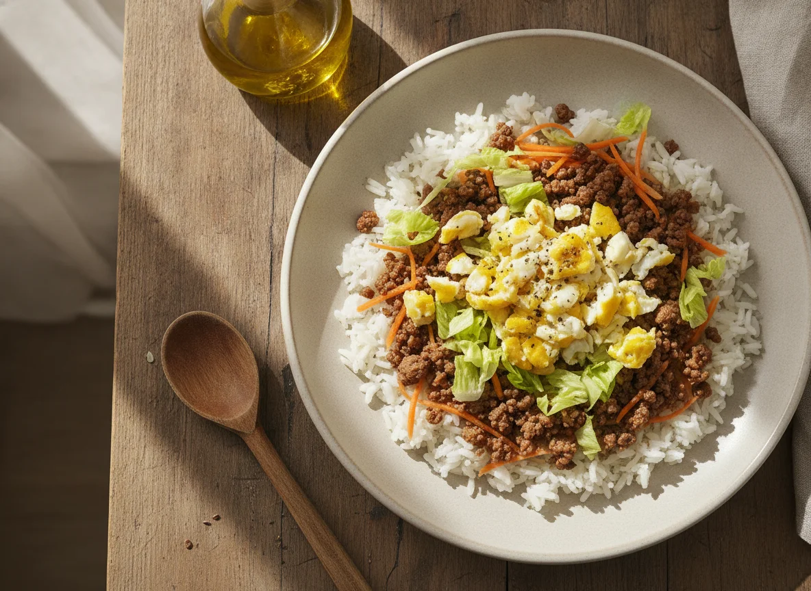 Salada de arroz com carne picada e ovo photo