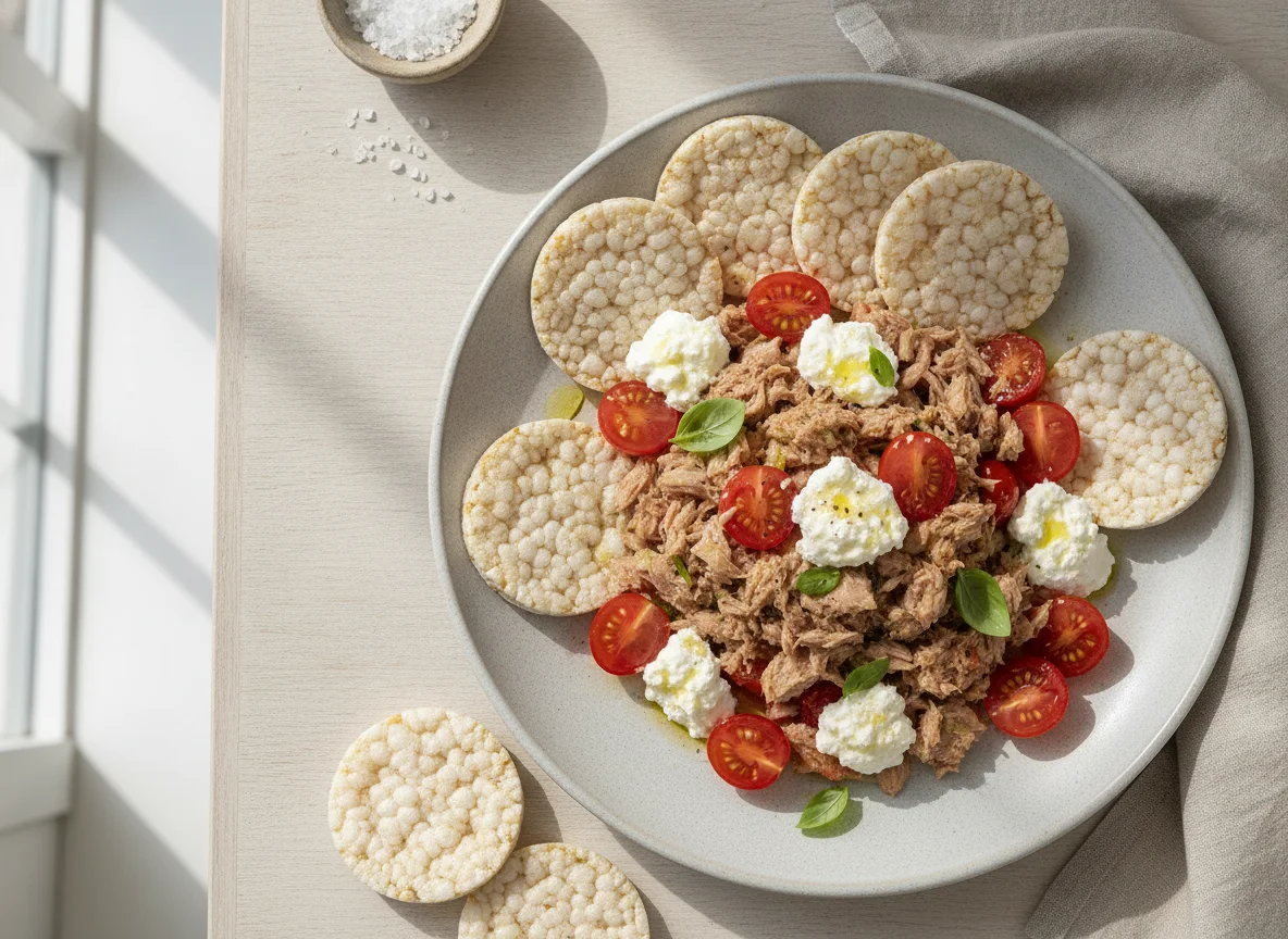 Salada de atum com biscoitos de arroz e tomate cereja photo
