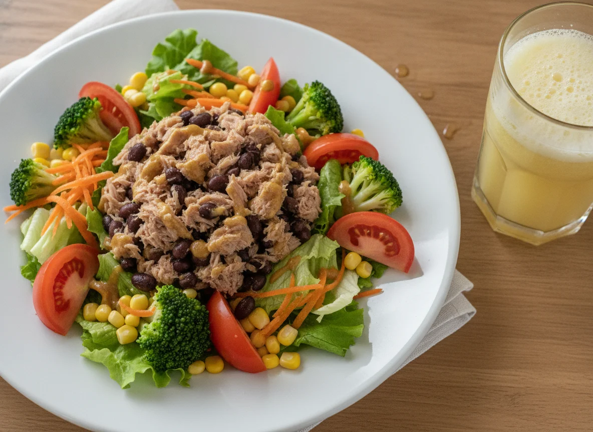 Salada de Atum com Feijão e Suco photo