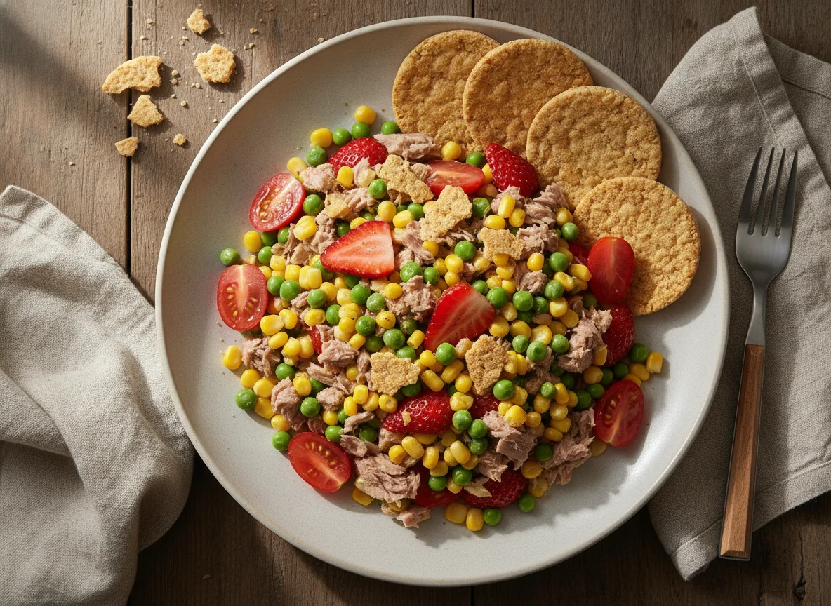 Salada de atum com morangos e galetes de arroz photo