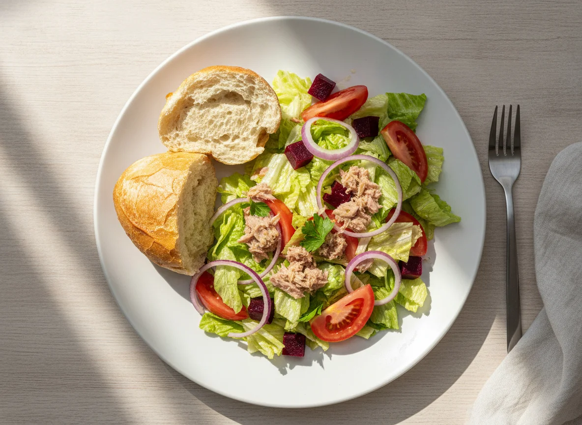 Salada de atum com pão francês photo