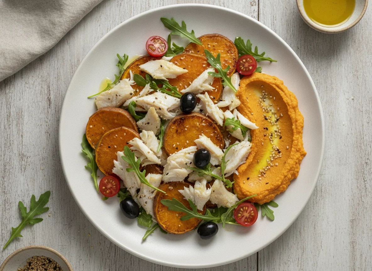 Salada de Bacalhau com Batata Doce e Hummus photo
