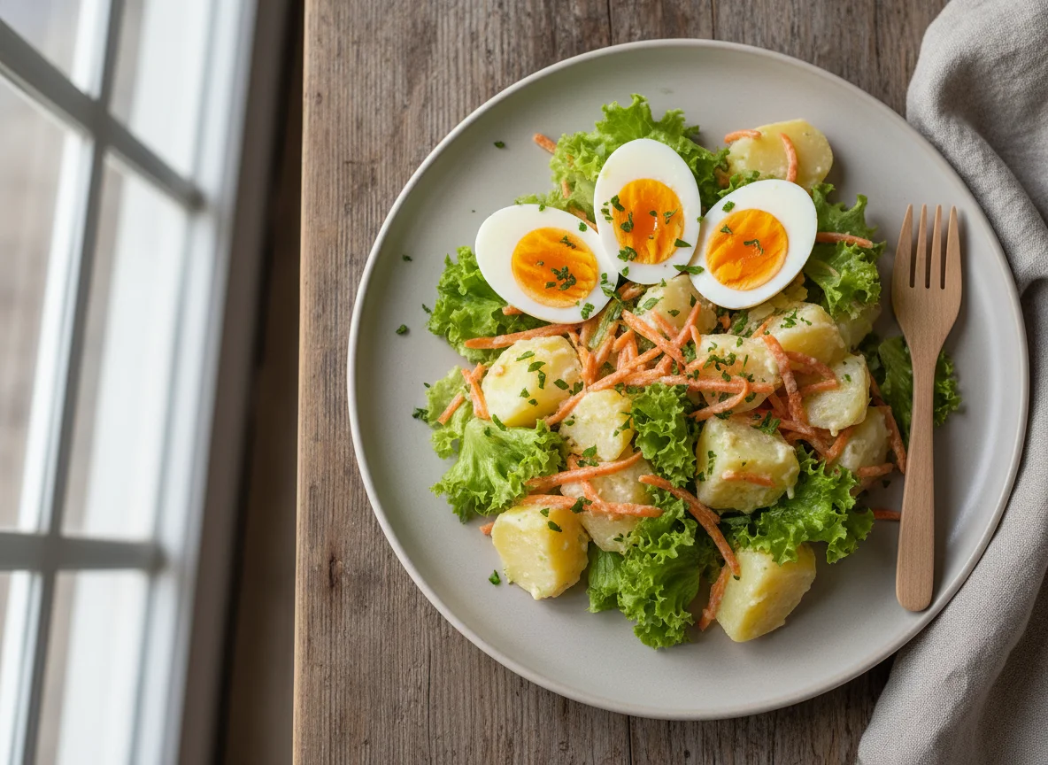 Salada de batata com alface e ovo cozido photo