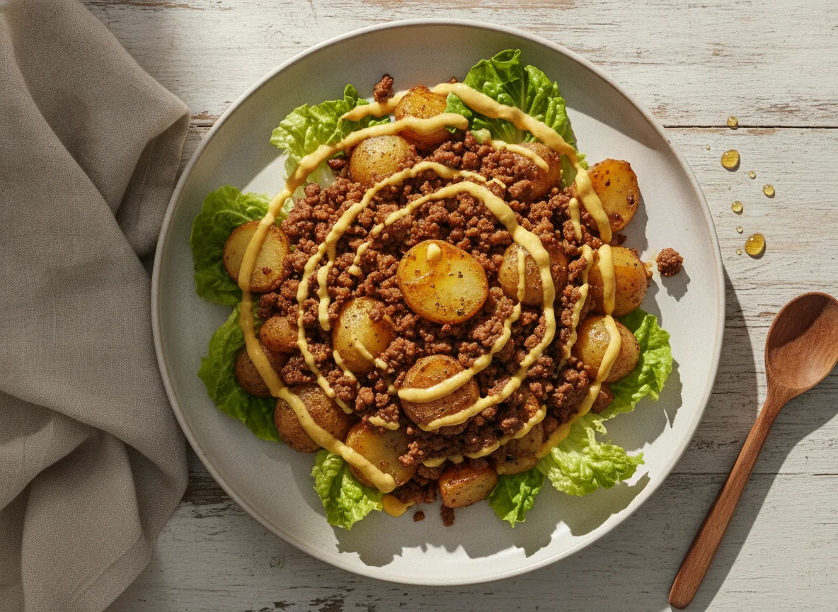 Salada de batata com carne moída e molho de mostarda e mel photo