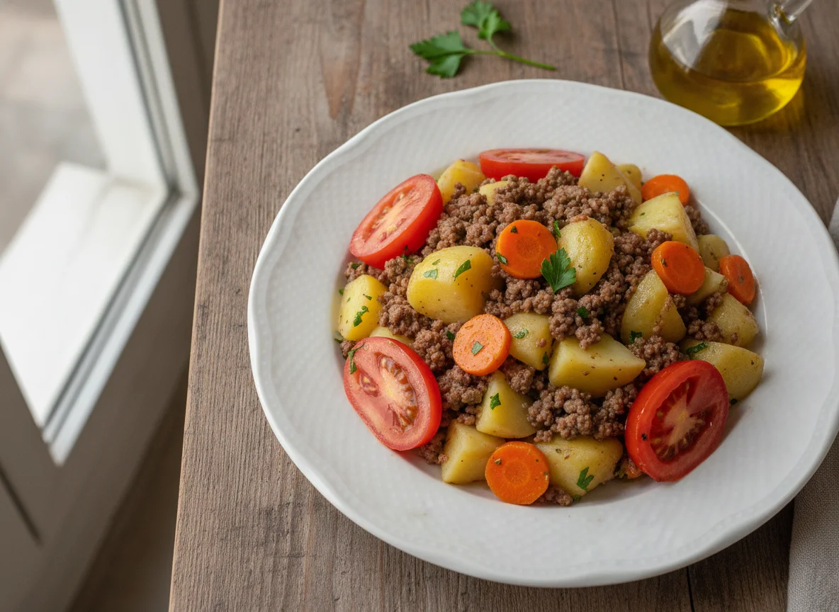Salada de Batata com Carne Moída e Tomate photo