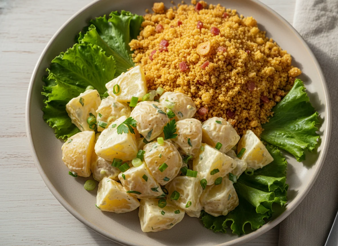 Salada de batata com farofa e alface photo