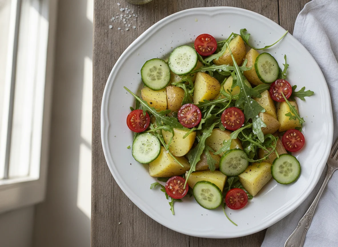 Salada de batata cozida com rúcula, tomate e pepino photo