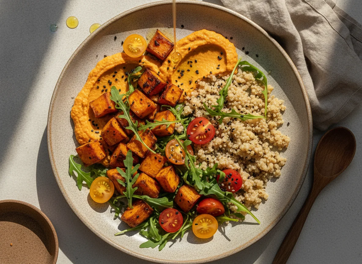 Salada de Batata Doce Assada com Húmus e Quinoa photo