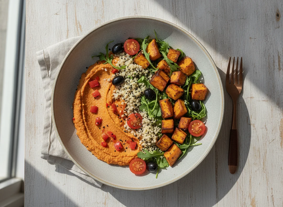 Salada de Batata Doce Assada com Húmus e Rúcula photo