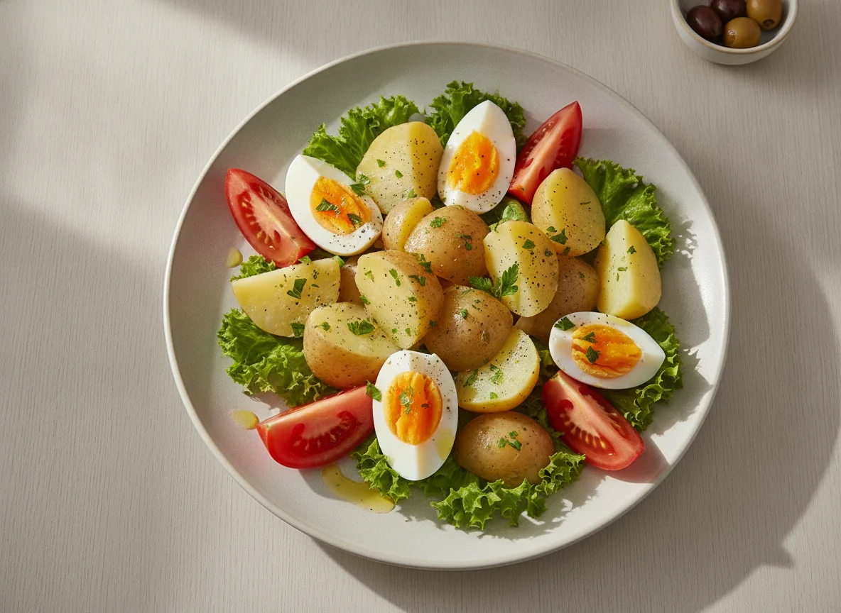 Salada de batata, ovos cozidos, alface e tomate photo