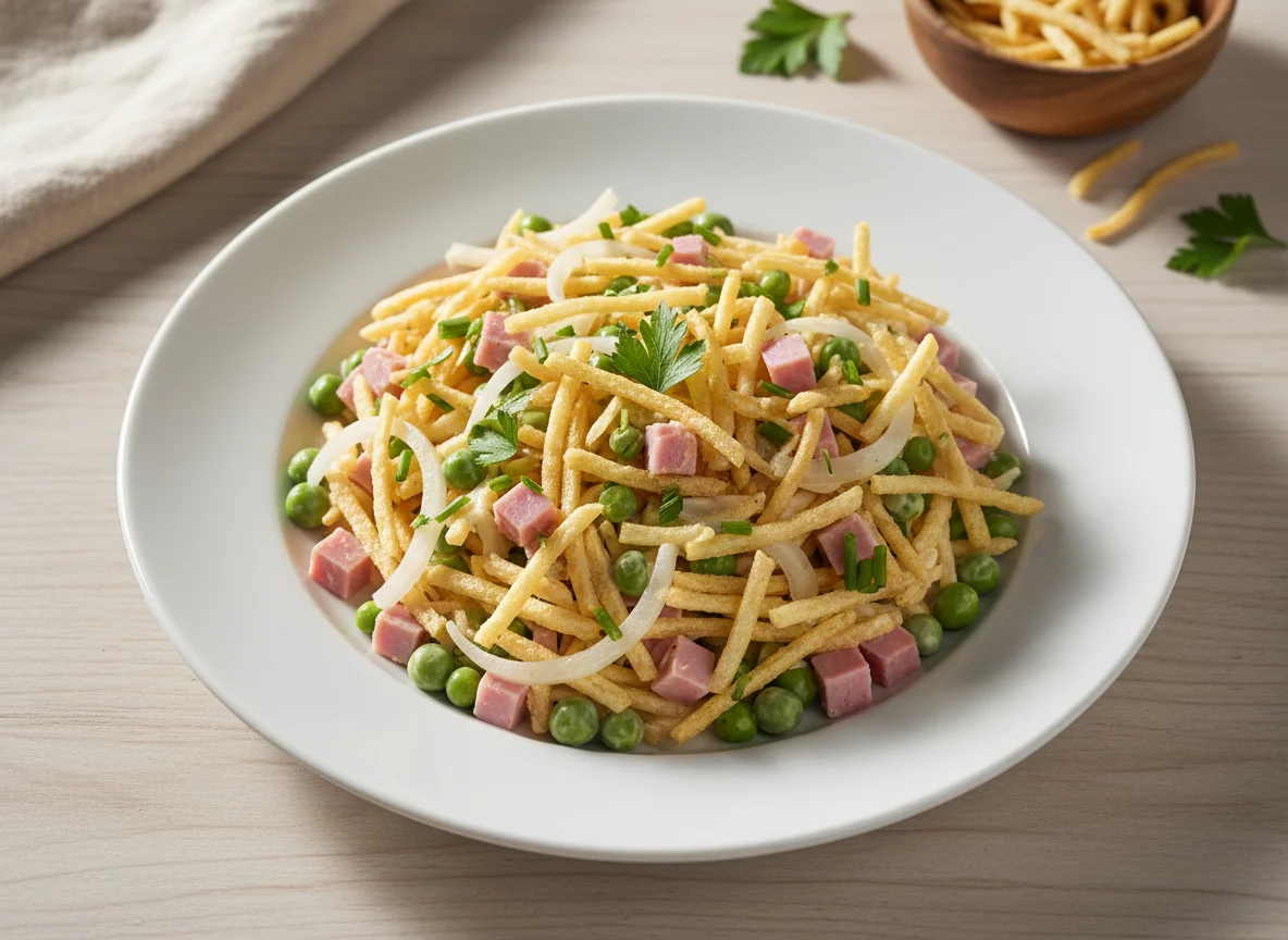 Salada de batata palha com presunto e ervilha photo