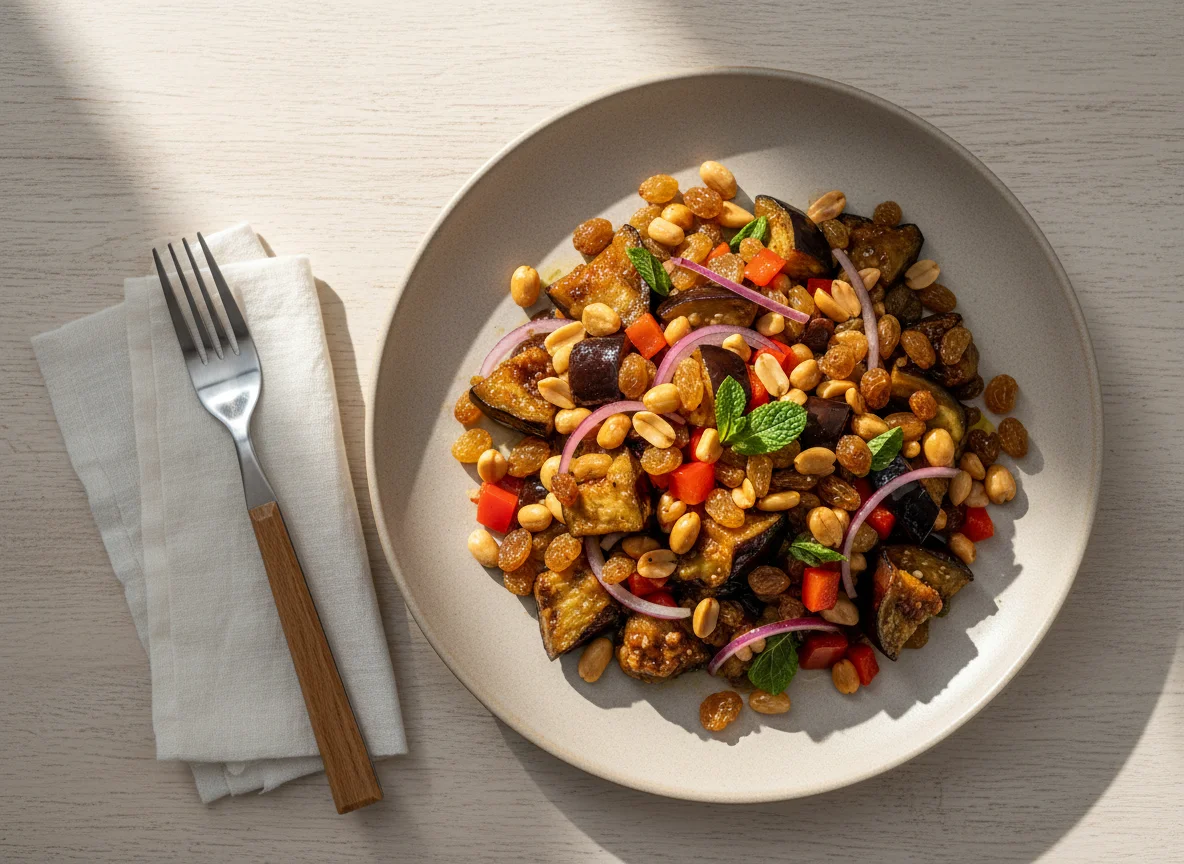 Salada de berinjela agridoce com amendoim photo