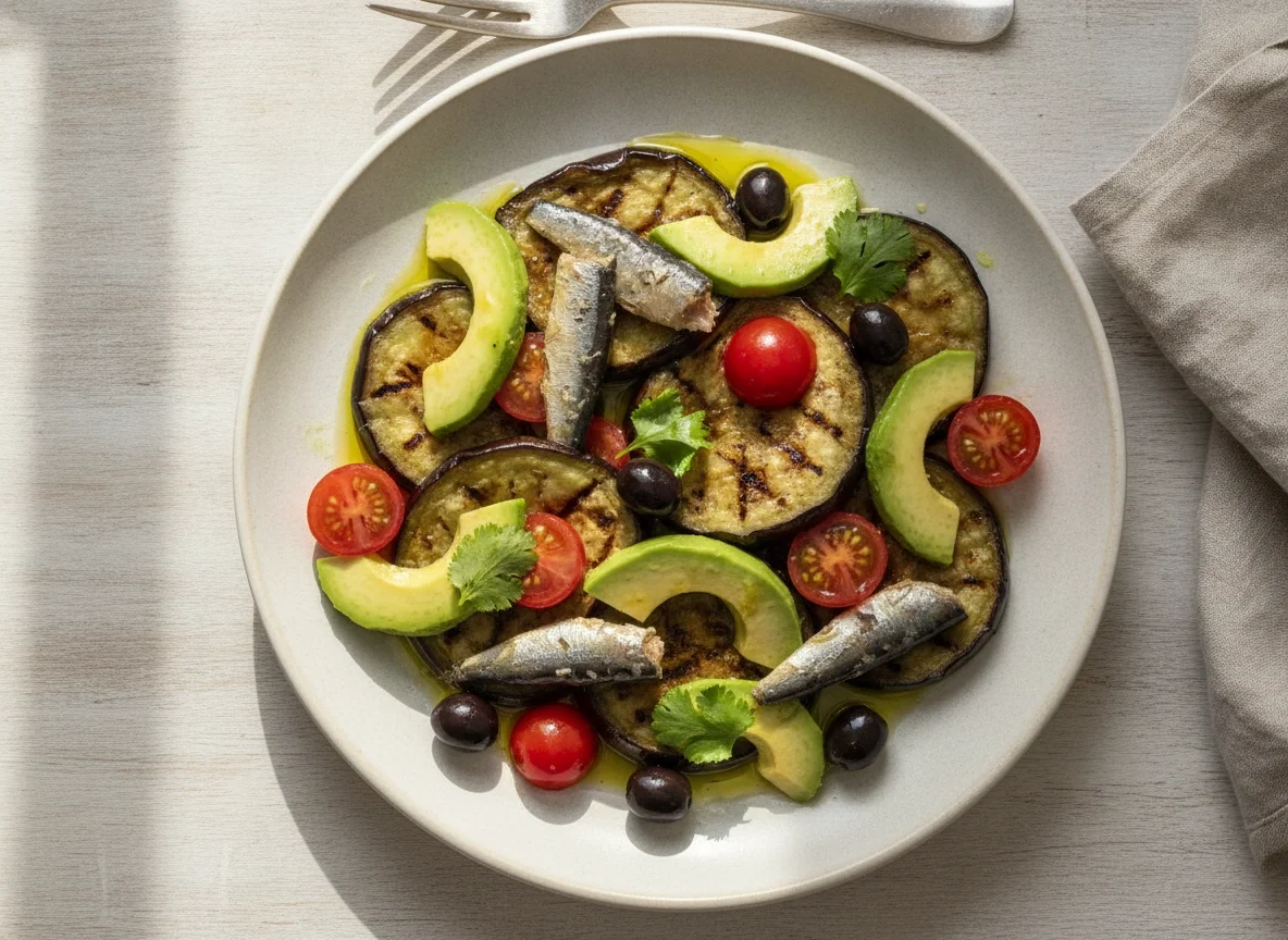 Salada de Berinjela Grelhada com Abacate e Sardinha photo