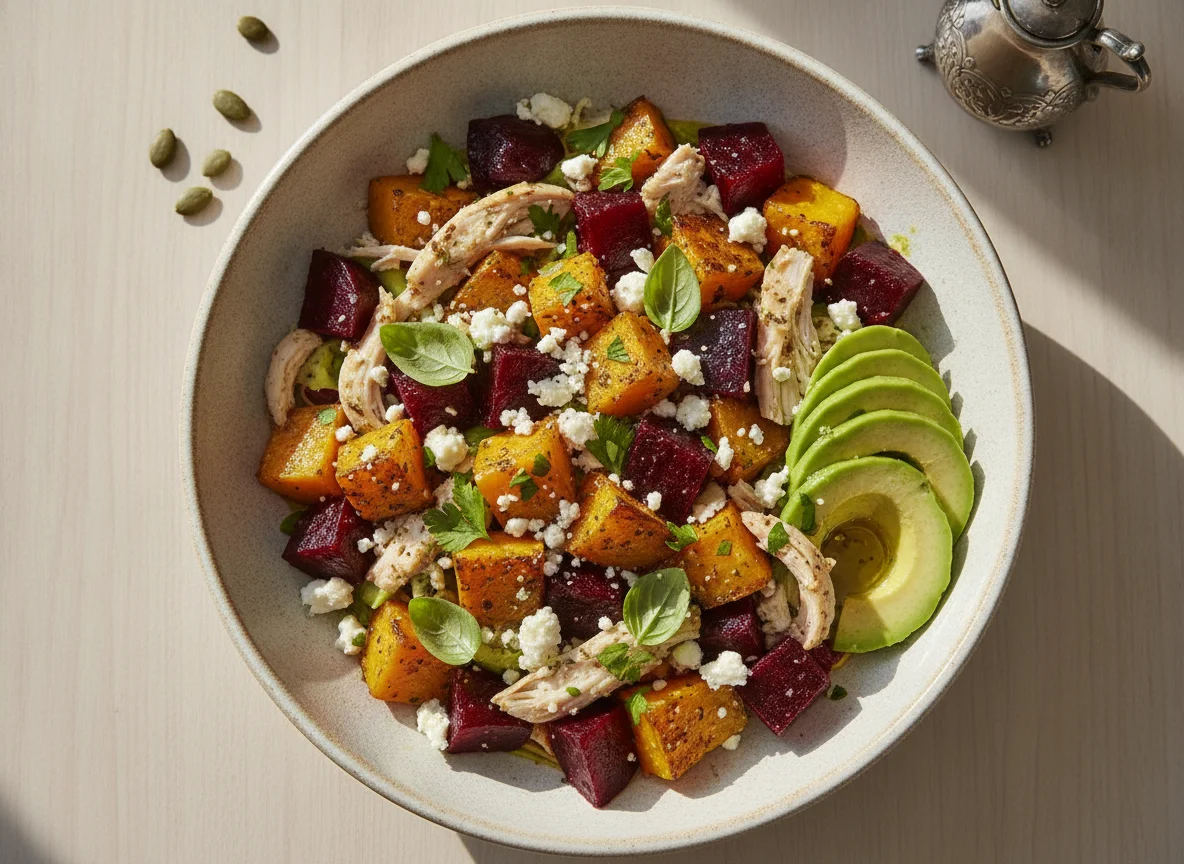 Salada de Beterraba, Abóbora Assada, Frango e Queijo Feta photo