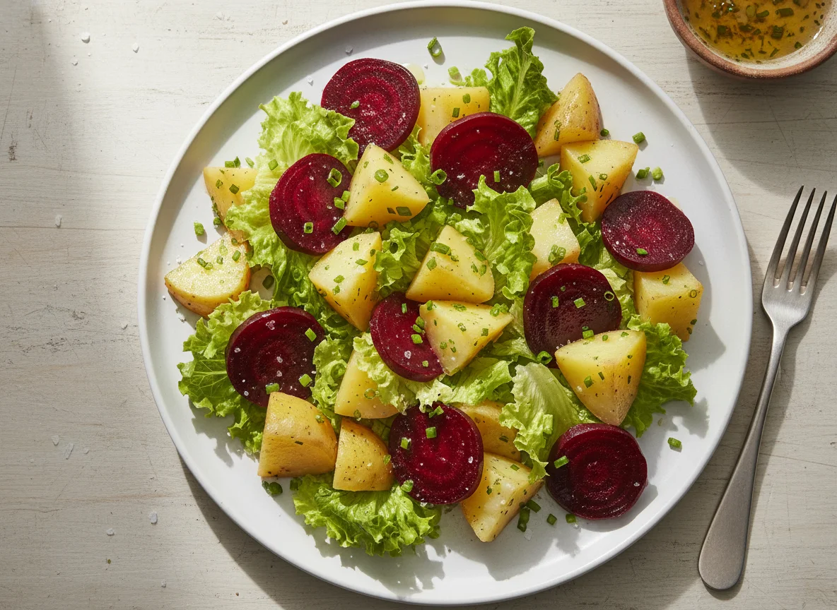 Salada de beterraba, batata e alface photo