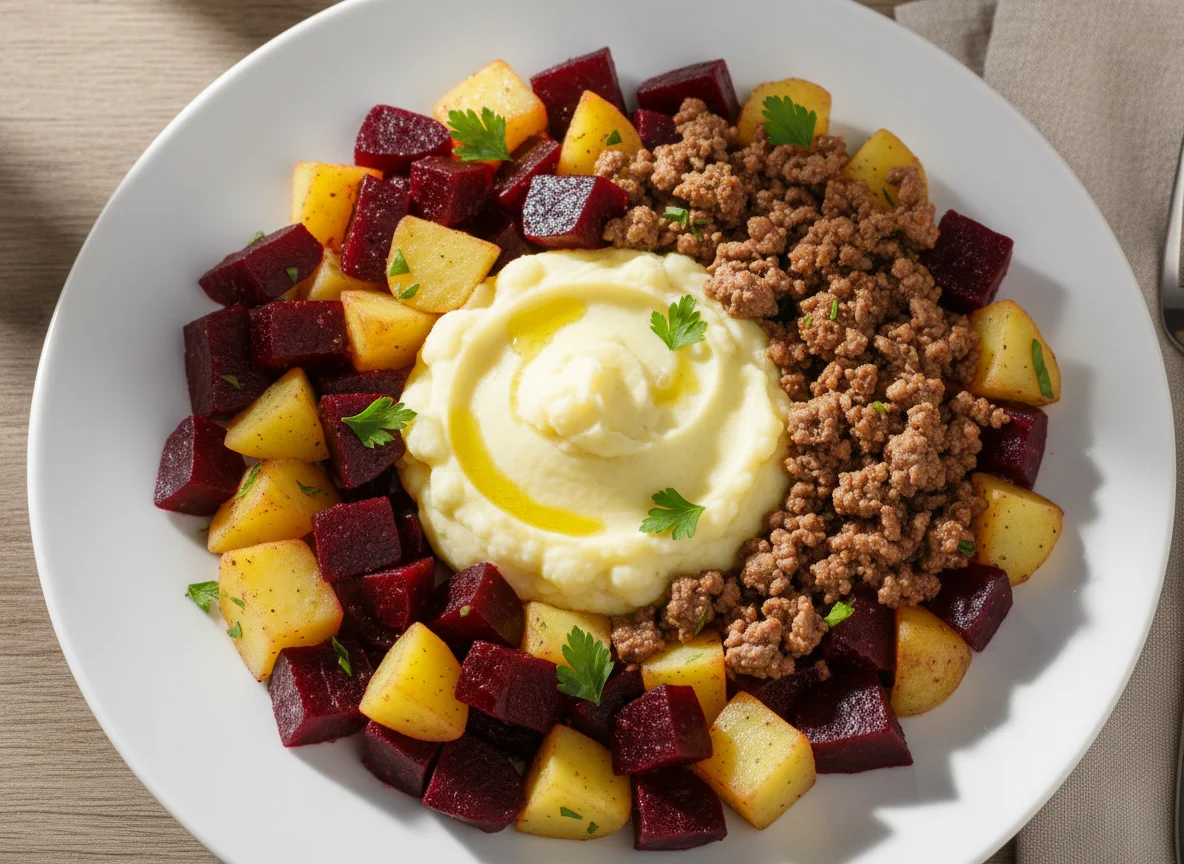 Salada de beterraba e batata com purê e carne moída photo