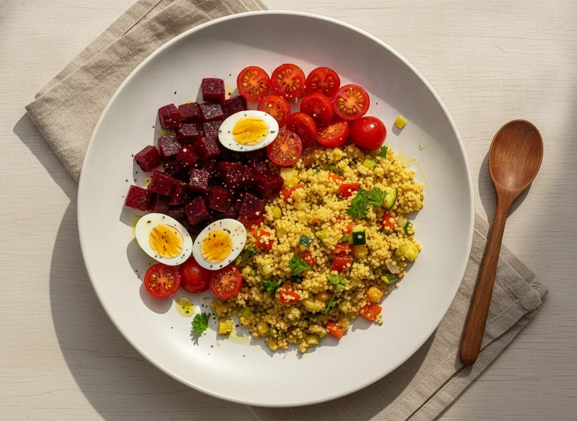 Salada de Beterraba, Tomate Cereja, Ovo de Codorna e Cuscuz Marroquino photo
