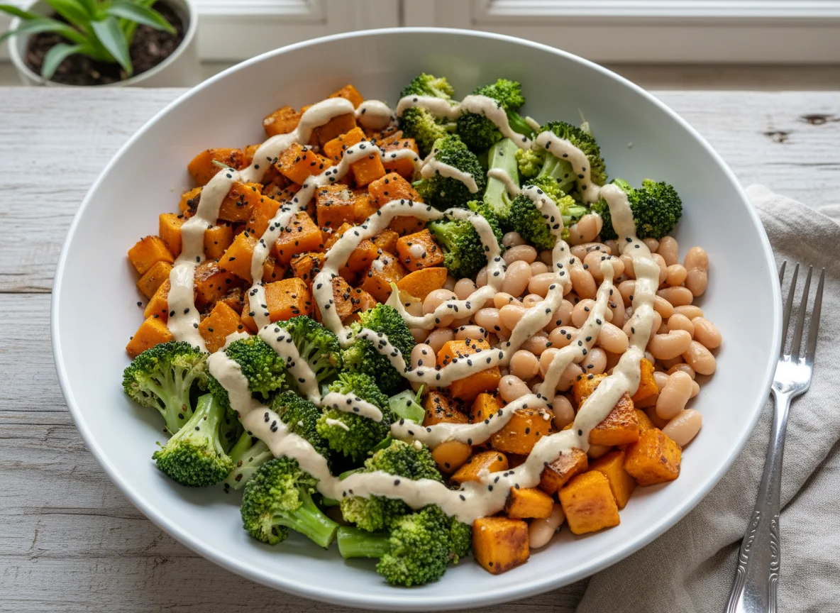 Salada de brócolis, abóbora e feijão branco photo