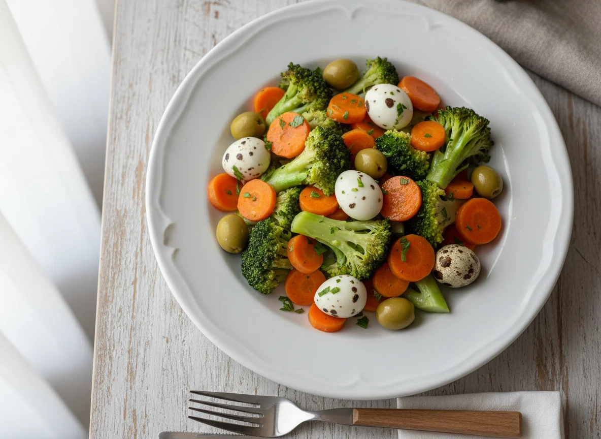 Salada de brócolis, cenoura e ovos de codorna photo