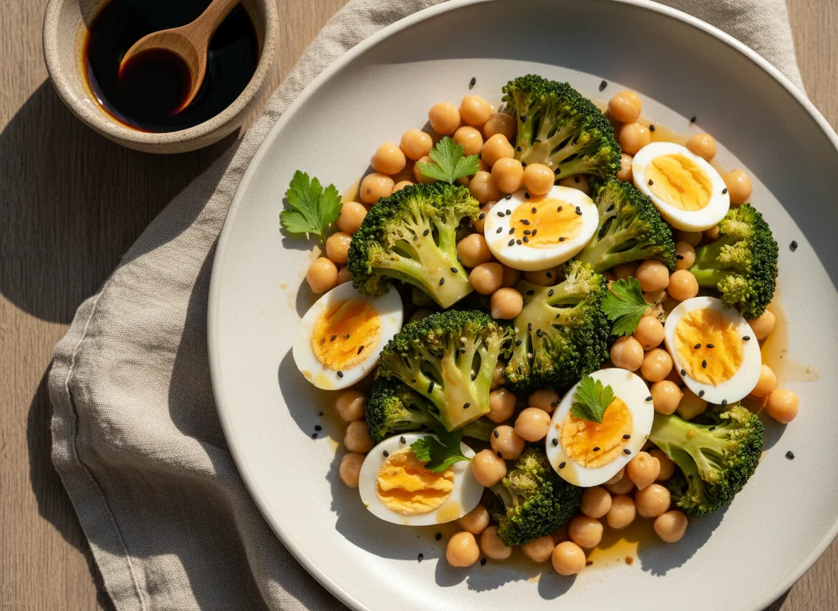 Salada de brócolos, grão-de-bico e ovo cozido photo