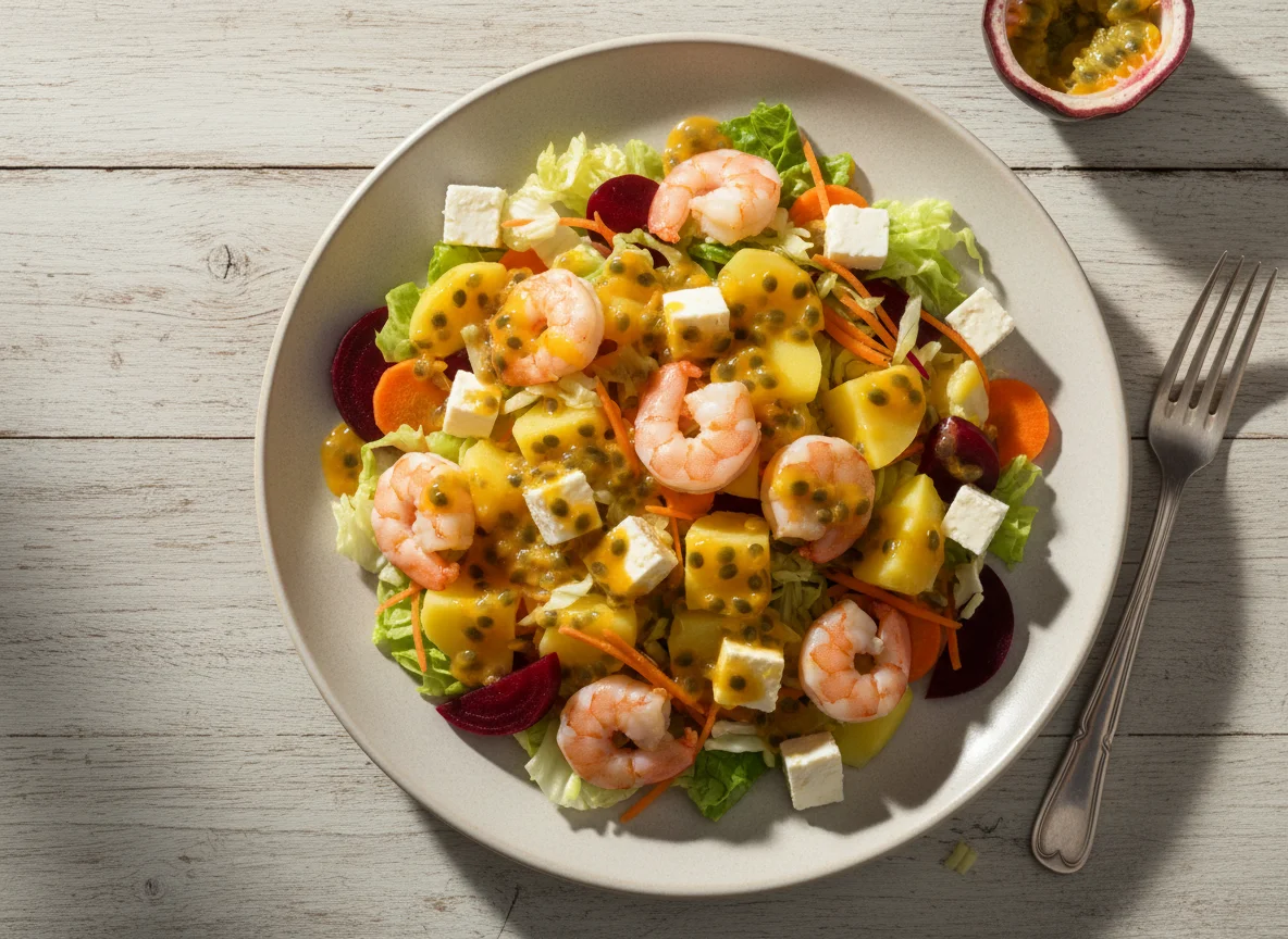 Salada de camarão com batatas e molho de maracujá photo