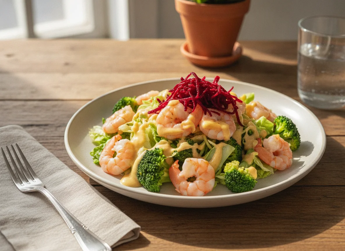 Salada de Camarão com Brócolis e Molho de Queijo photo