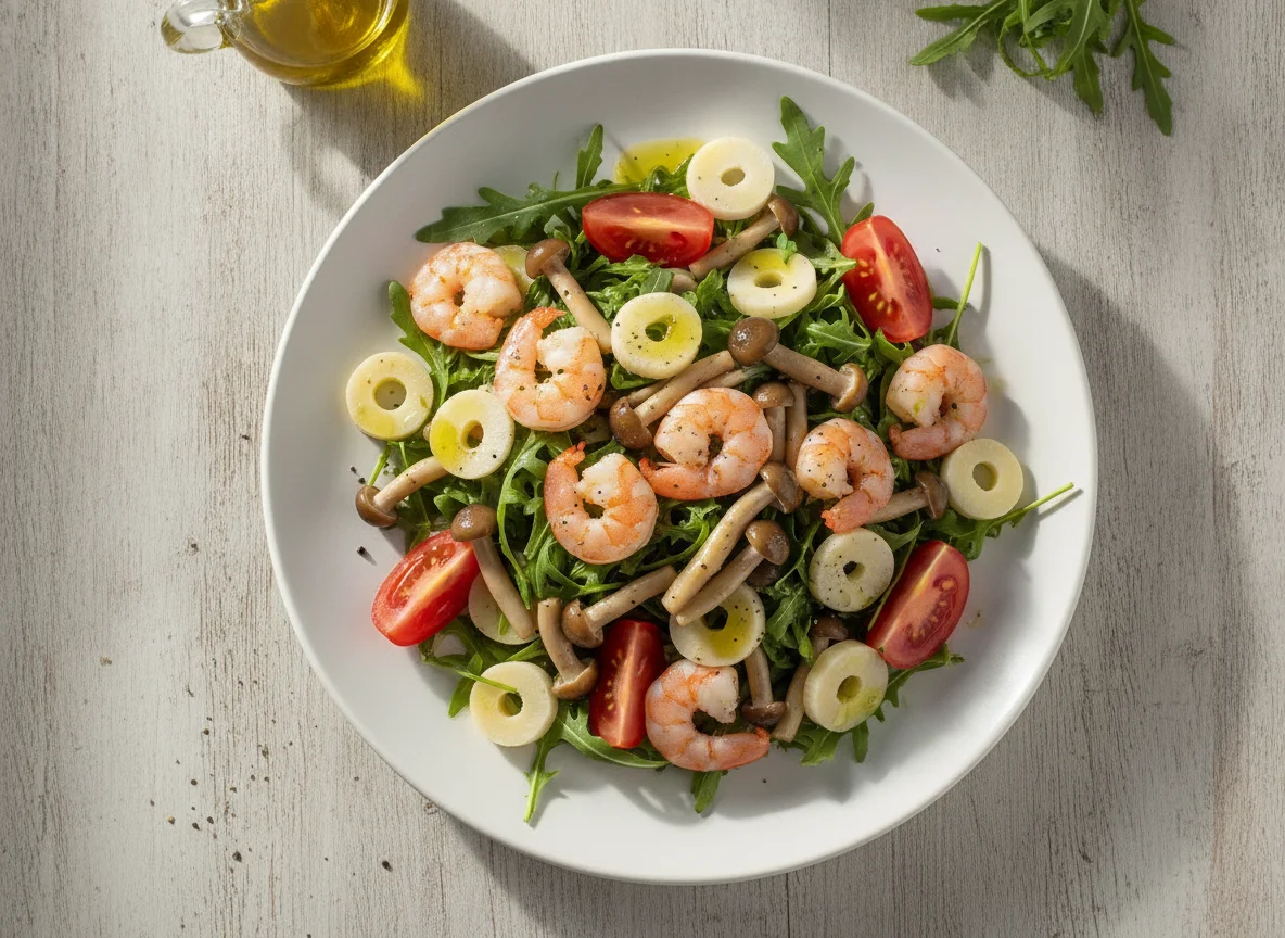 Salada de Camarão com Cogumelos, Palmito e Tomate photo