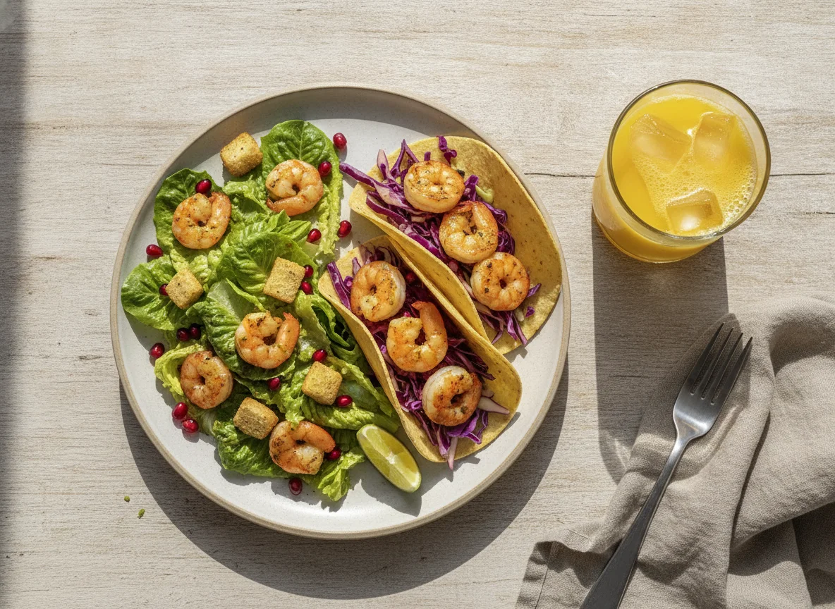 Salada de Camarão e Tacos de Camarão com Sumo de Manga photo