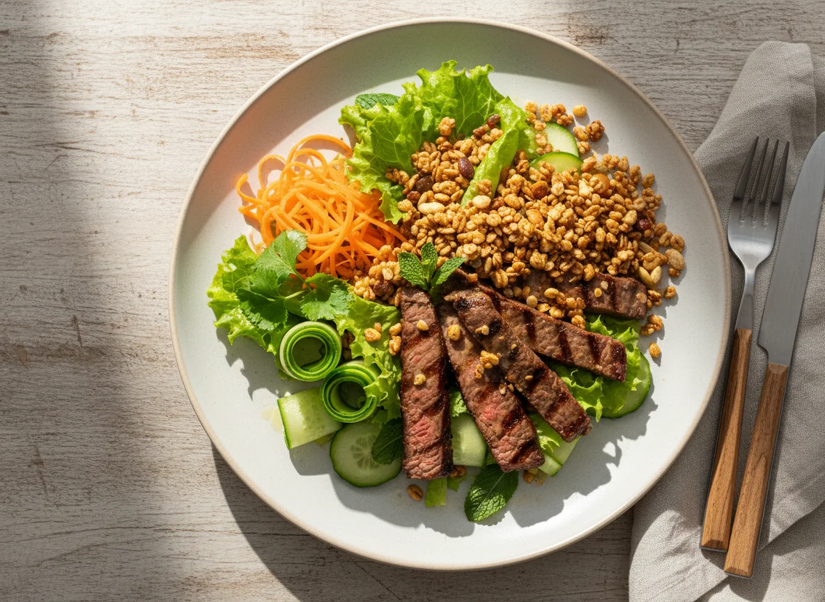 Salada de carne com vegetais e granola photo