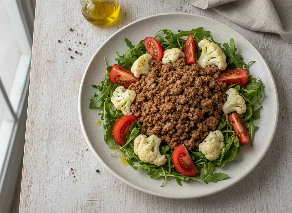 Salada de Carne Moída com Couve-Flor e Tomate photo
