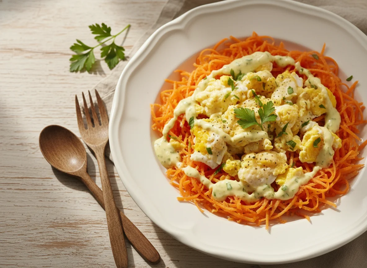Salada de cenoura com ovos mexidos e molho photo